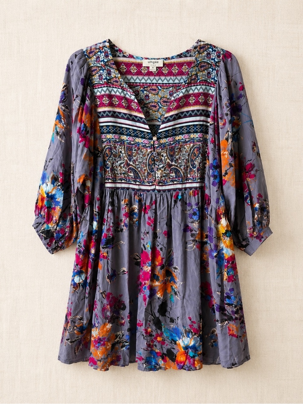Boho Floral Babydoll Tunic Dress Gray Pink Blue | Peasant Mini | EUC M #1471